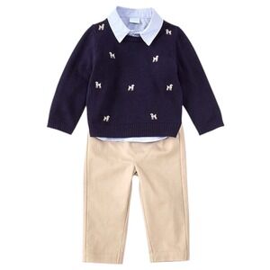 Edgehill Collection Baby Boys 3pc Dog Sweater Shirt Pant Set Navy Tan Size 3M